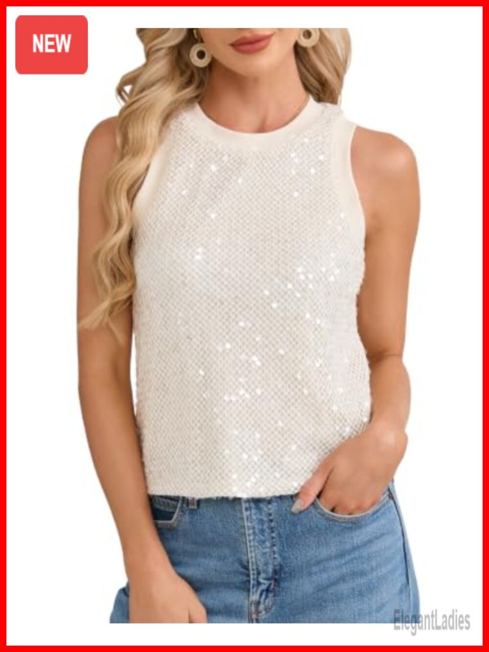 Crochet Sequin Knit Tank Top Summer Beach Vacation Sparkly Sweater Vest